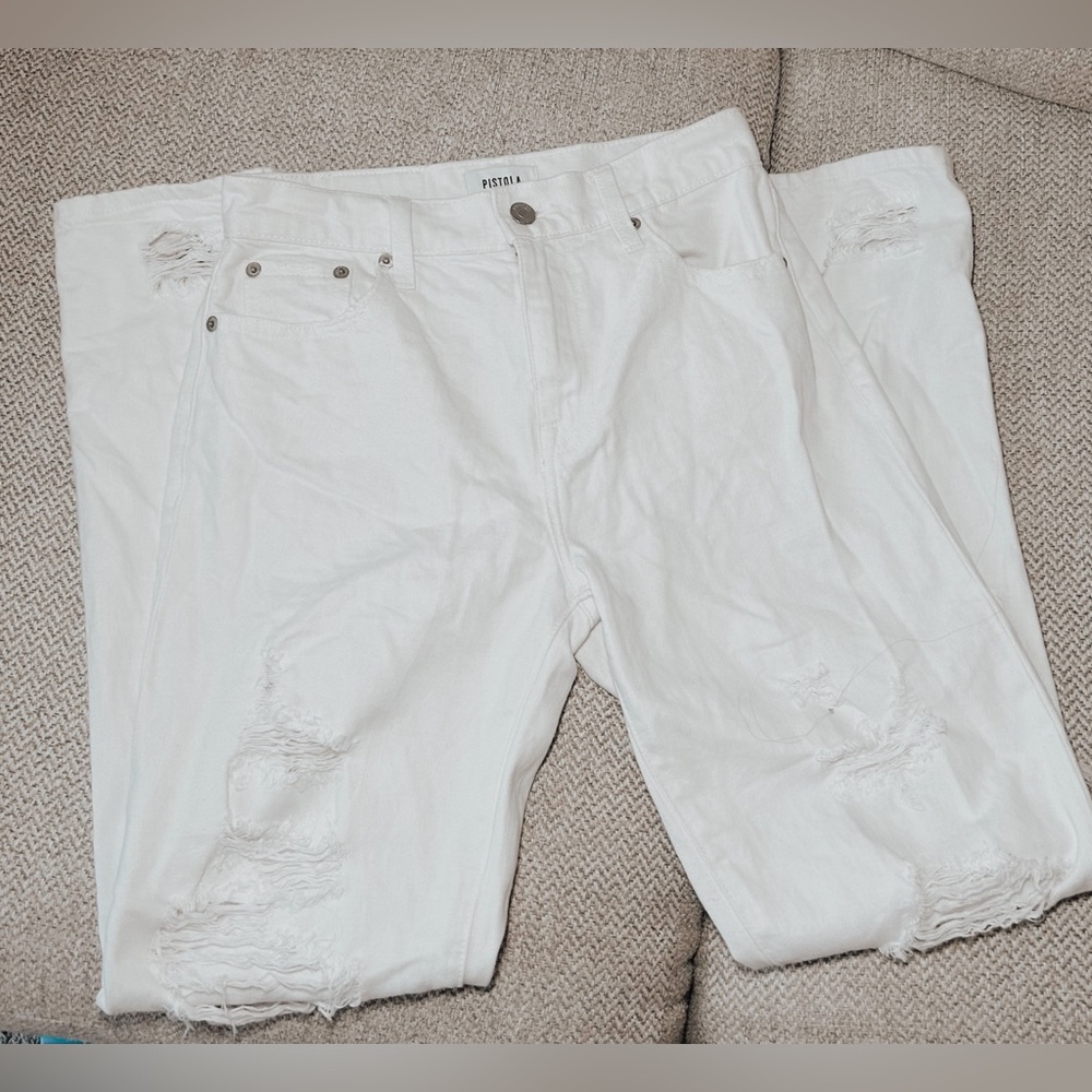 Pistola White High Rise Distressed Mom Jeans